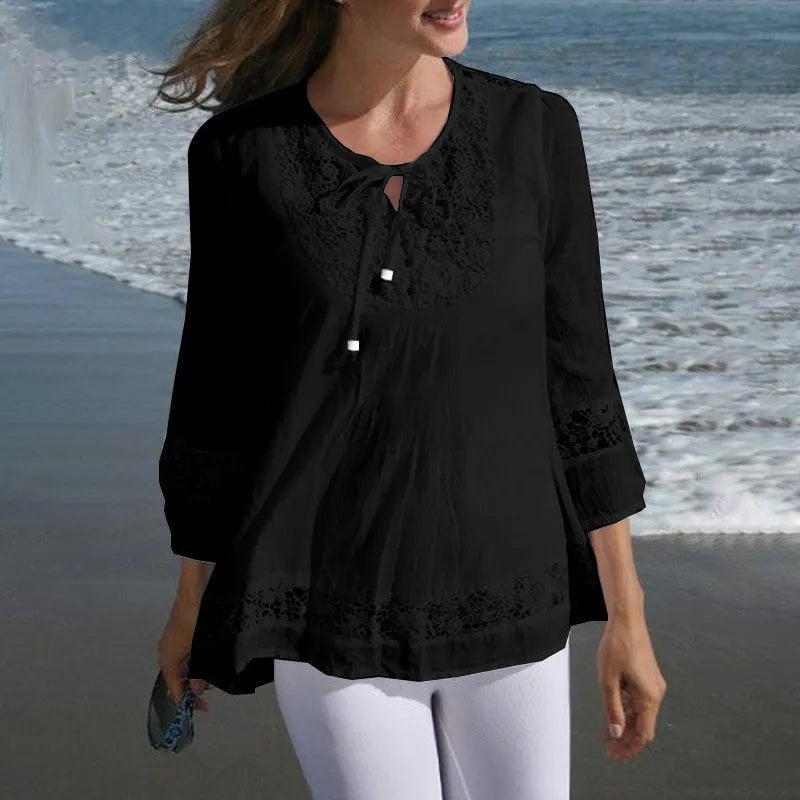 Women’s cotton linen lace blouse loose fit three-quarter sleeve summer top black