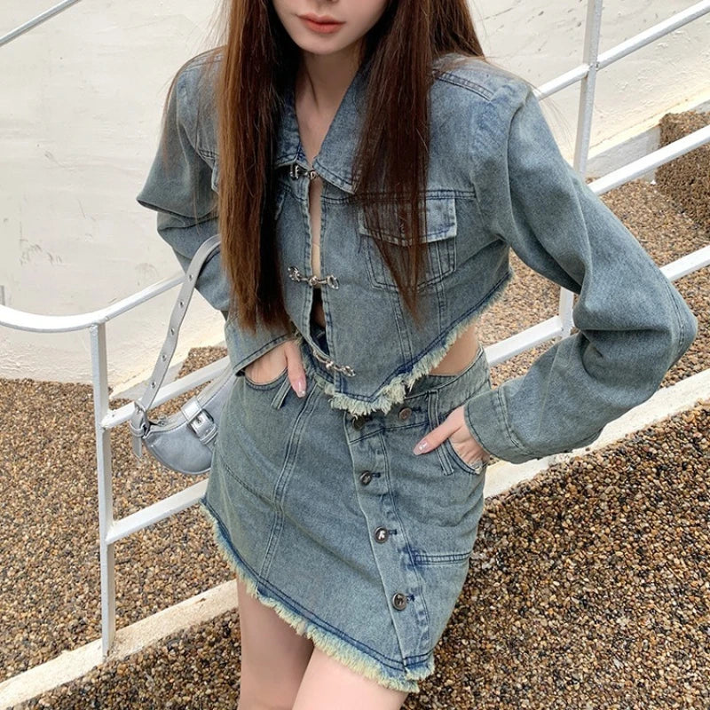 Korean‑Style Denim Coat – Metal Buckle Tassel Short Jacket Women