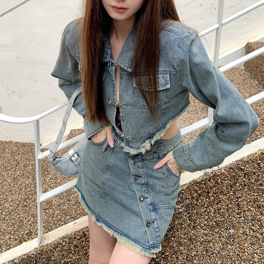 Korean‑Style Denim Coat – Metal Buckle Tassel Short Jacket Women