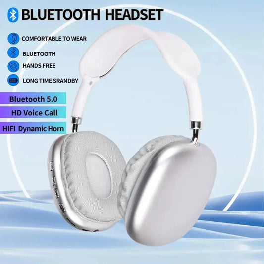 A white over-ear wireless Bluetooth headset with a microphone, highlighting features such as comfortability, Bluetooth 5.0, hands-free, long time standby, HD voice call, and HiFi dynamic horn.