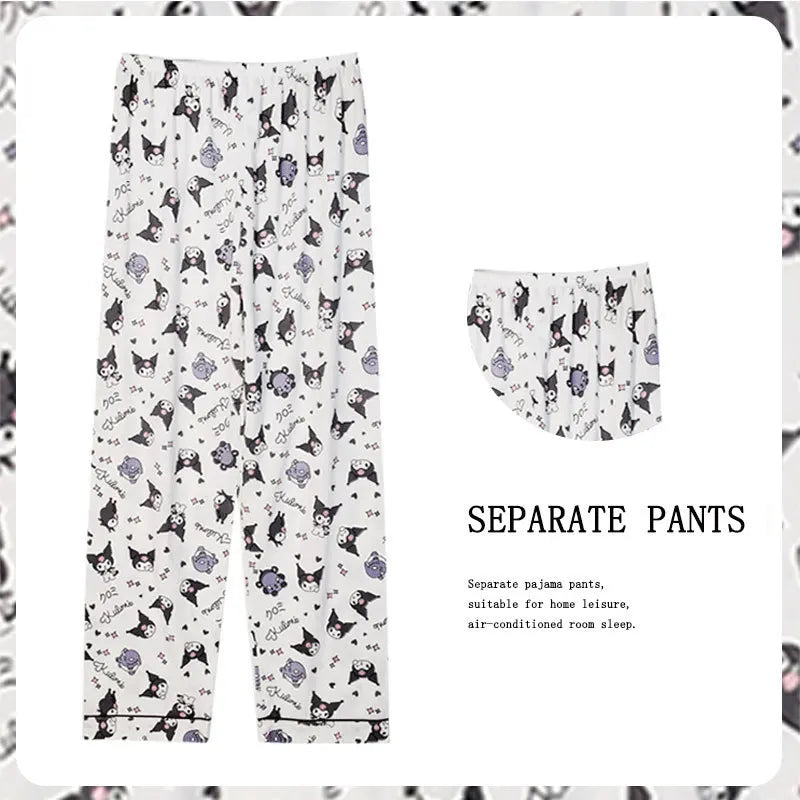 Pajama pants with a pattern of small animals on a white background
