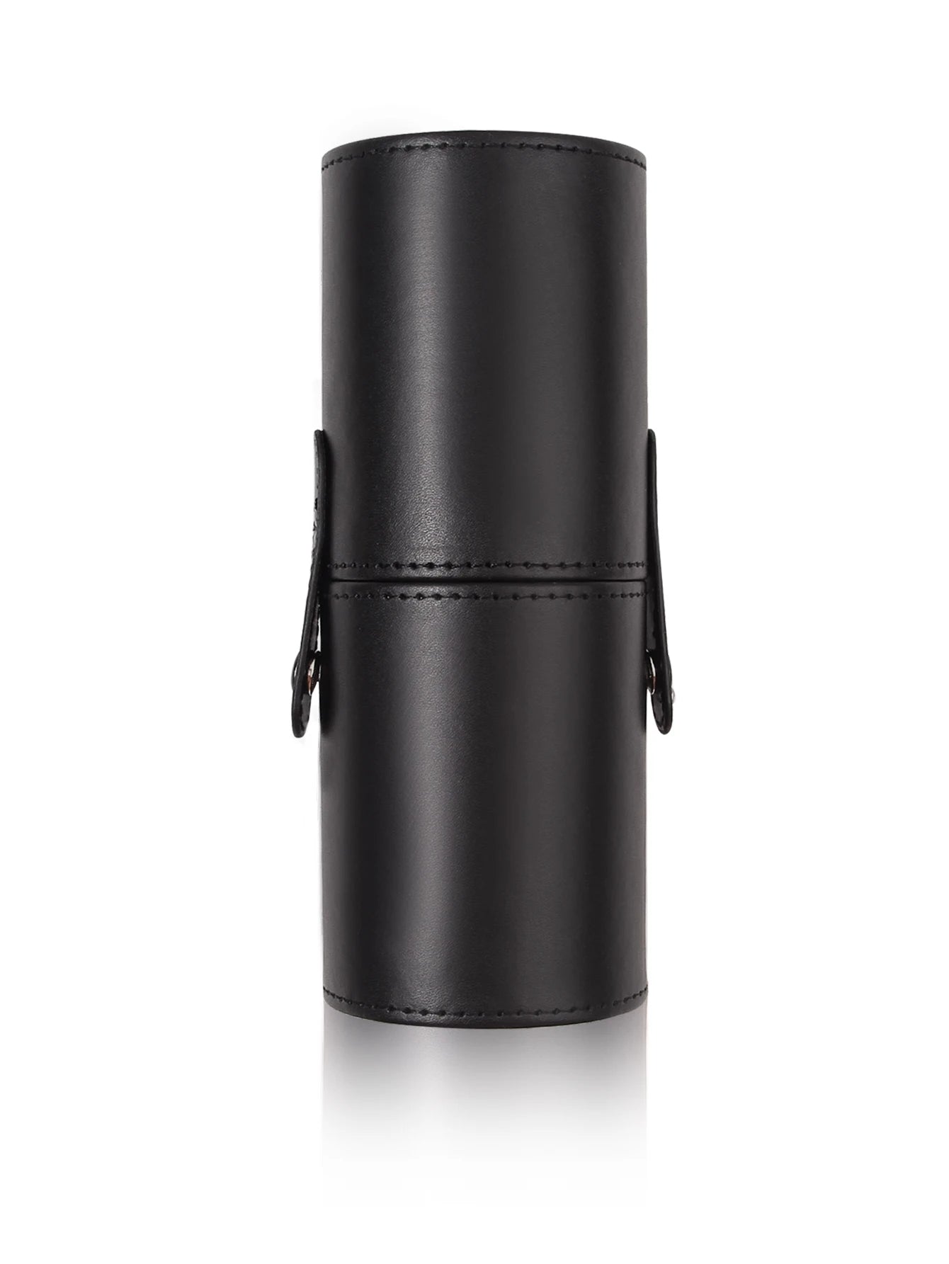Black cylindrical leather case on a white background
