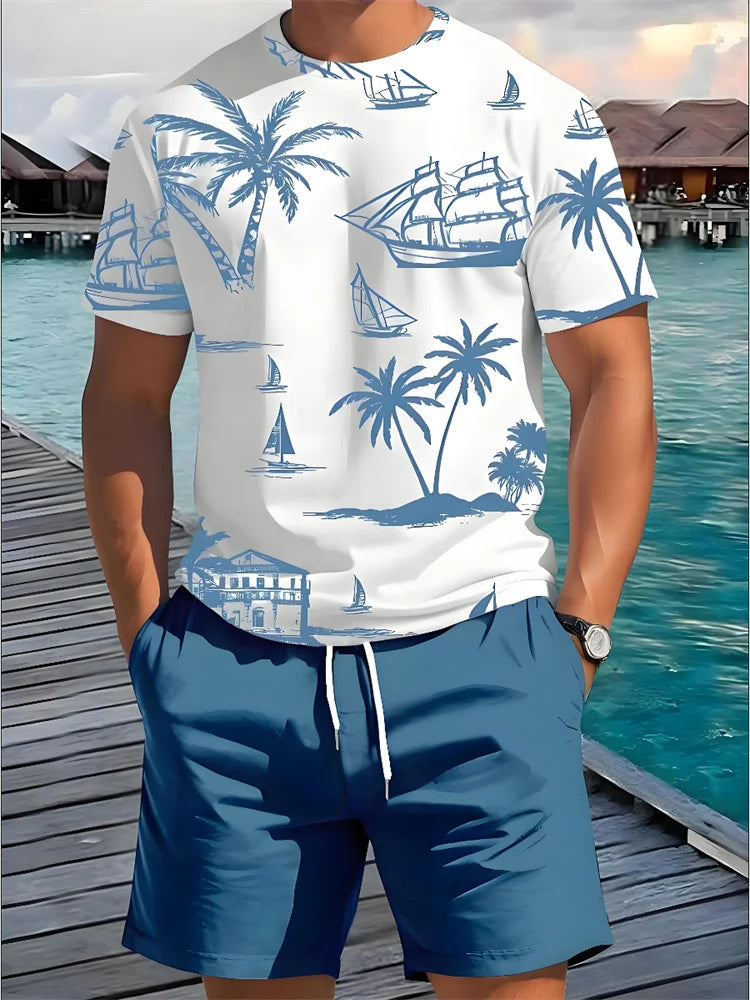 Men's Summer Fashion Casual Loose-Fit Set Plus Size Coconut Grove Print Crew Neck Short Sleeve Drawstring Shorts Two-Piece Set