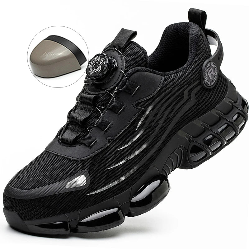 Black sneaker with a close-up inset of sole on a white background