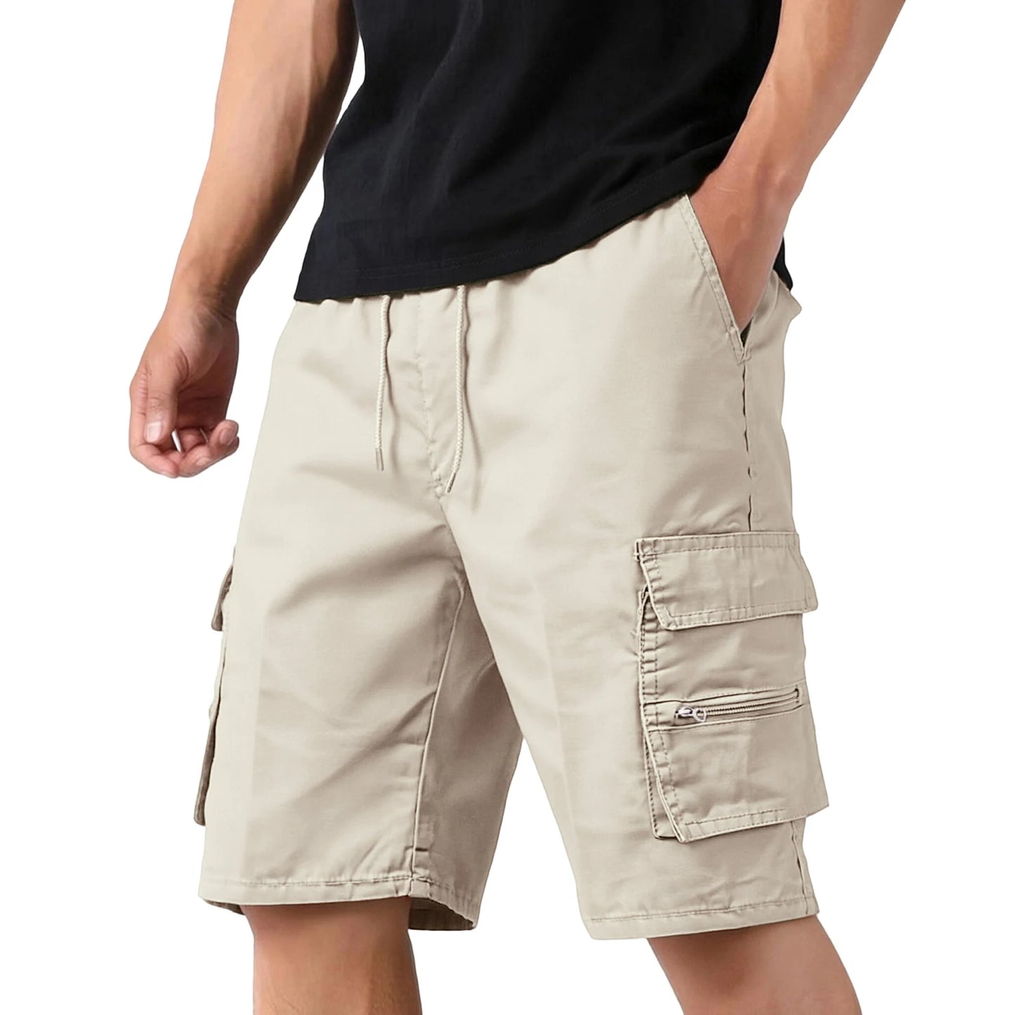 Men'S Casual Cargo Shorts Multi-Pocket Loose Fit Drawstring Waist Summer Outdoor Hiking Shorts Solid Camouflage Color Quick Dry