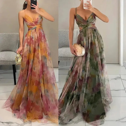 Two images of a woman wearing floral dresses in different colors.