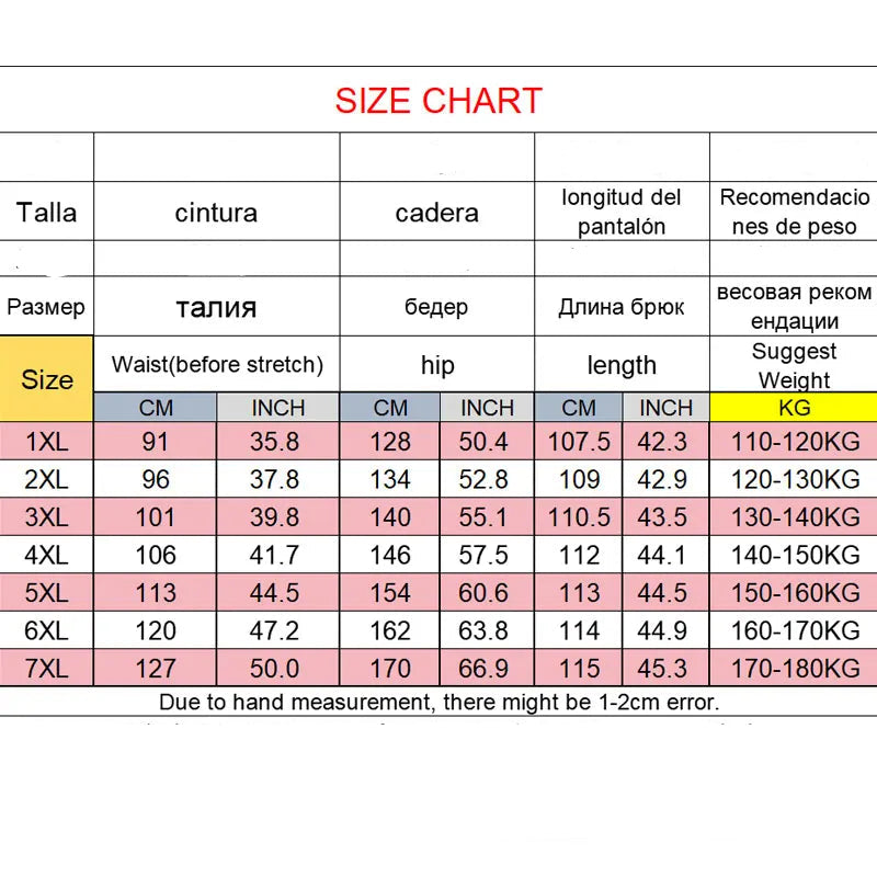 Size chart for clothing with measurements in centimeters and inches, and suggested weight ranges.