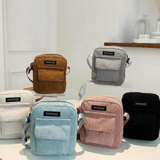 Striped corduroy fabric shoulder bag with zipper and crossbody strap, casual canvas tote for women