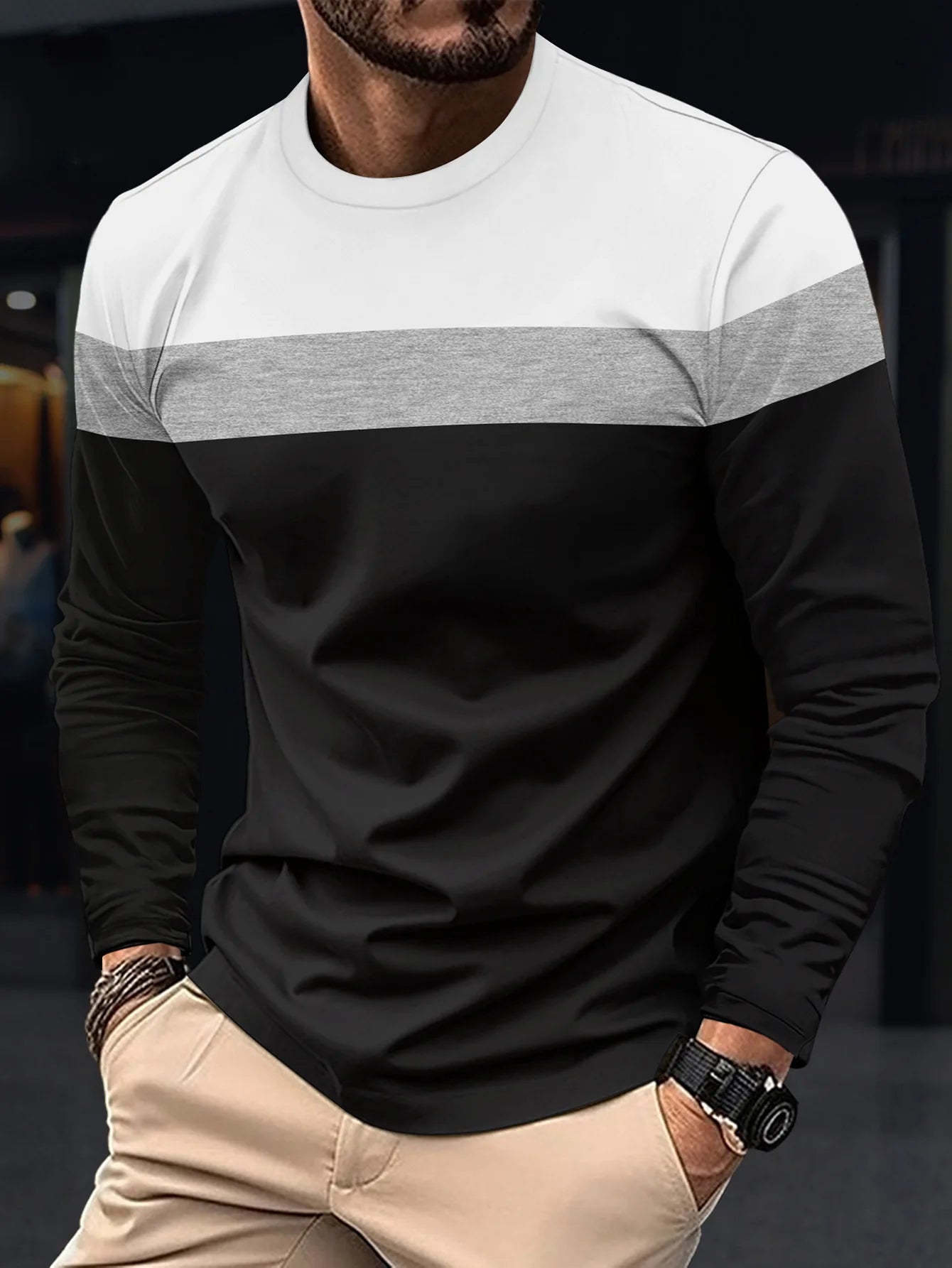 New Men's Casual Round Neck T-shirt Breathable, Comfortable, and Fashionable Long Sleeved T-shirt trend versatile casual tops