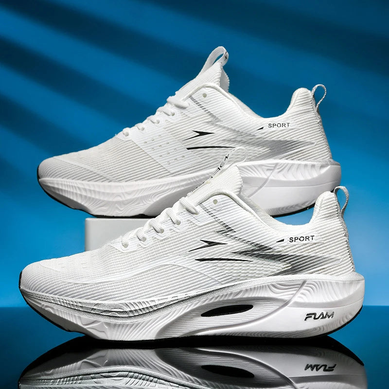 White athletic shoes with brand logo on a blue reflective surface