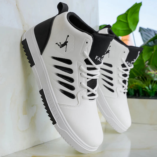 White and black sneakers with a brand logo on a light background
