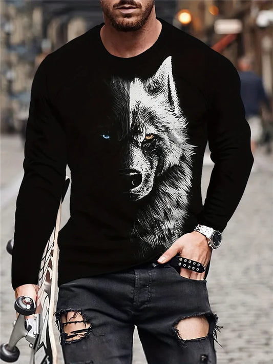 Person wearing a black long-sleeve shirt with a wolf graphic design.