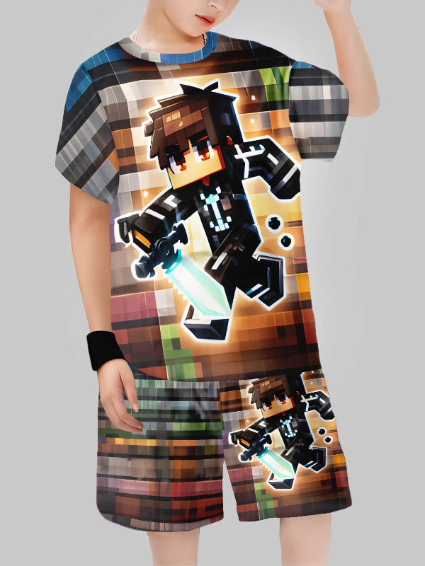Person wearing a colorful outfit with a character design on a plain background