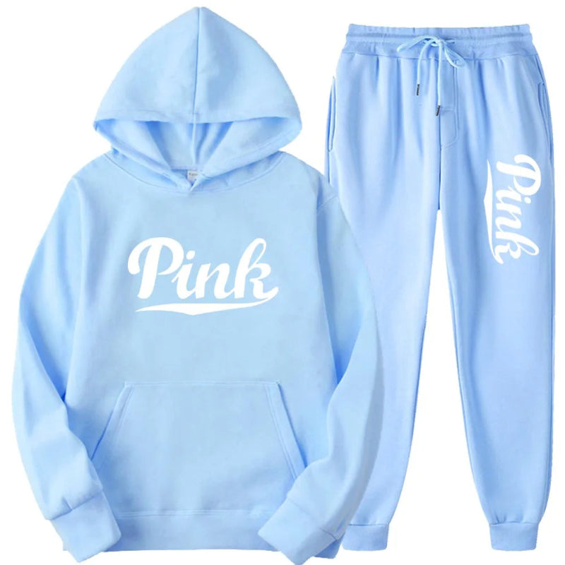 Light blue hoodie and jogger set with 'Pink' text on a white background