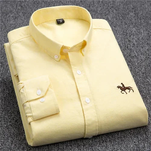 Men’s Oxford Cotton Shirt – Long Sleeve Embroidered Horse Design