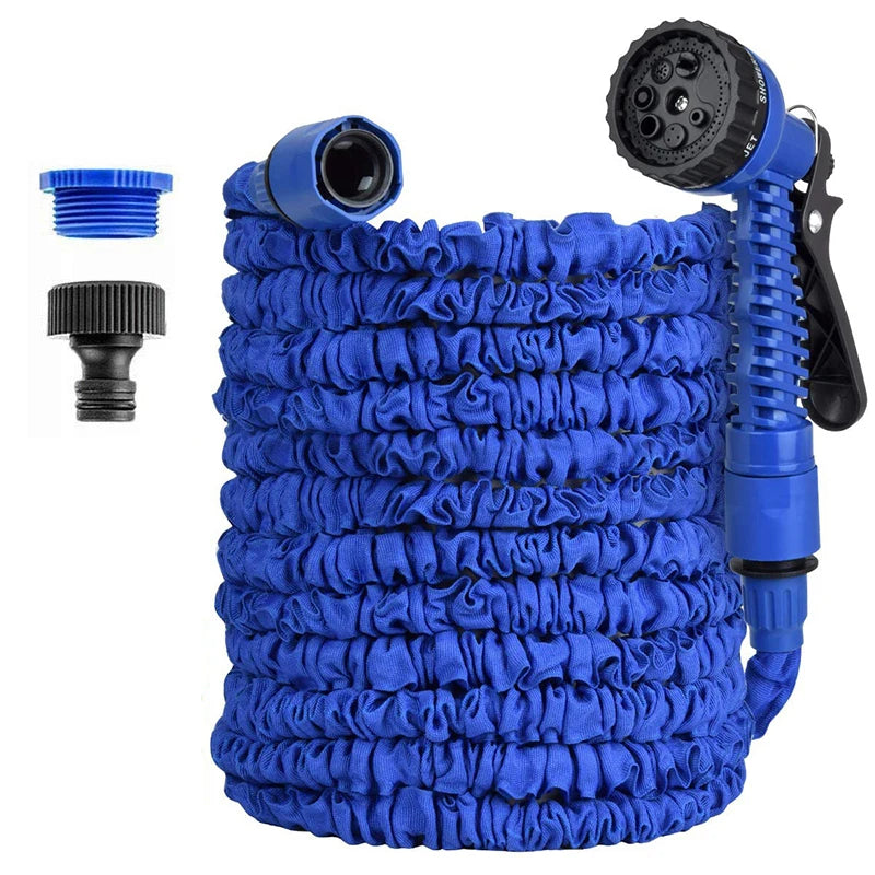 Flexible expandable garden hose with high-pressure water gun attachment. - blue