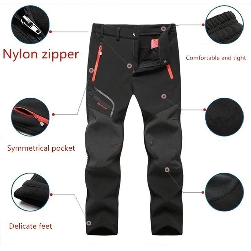 Black pants with features highlighted, including a nylon zipper and symmetrical pocket.