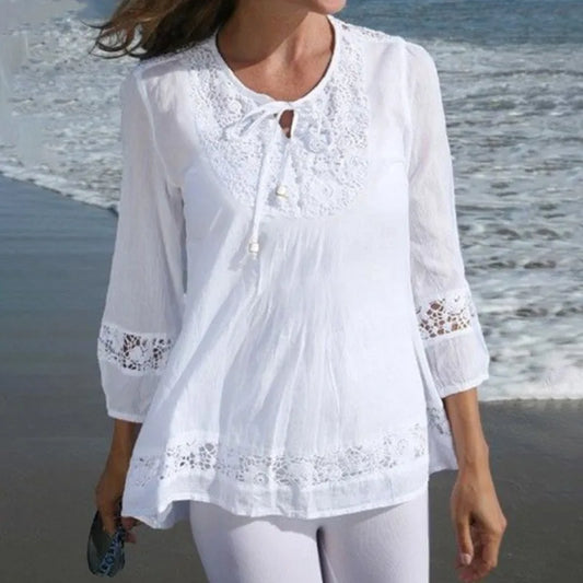Women’s cotton linen lace blouse loose fit three-quarter sleeve summer top white