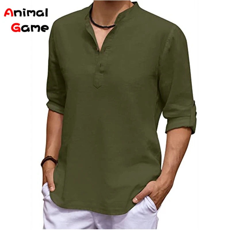 Person wearing an olive green shirt with long sleeves on a white background, brand 'Animal Game' visible.