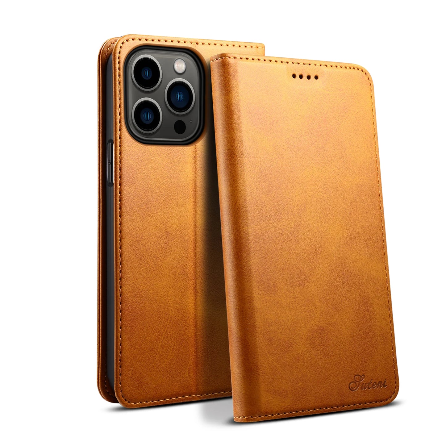 Brown leather phone case with brand name on a white background
