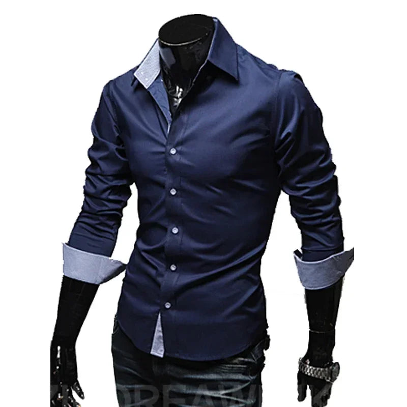Men’s Slim White Striped Shirt – Long Sleeve Business Casual Top