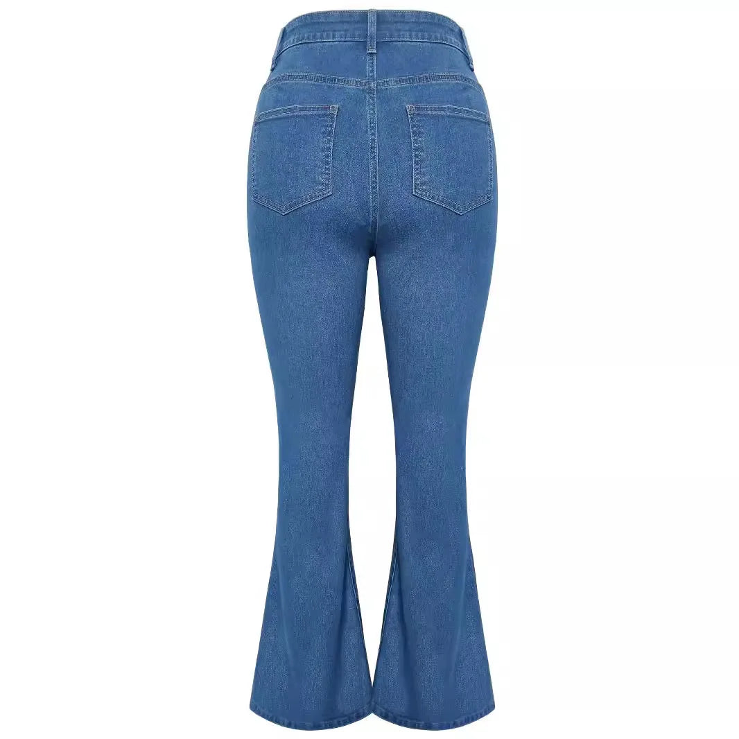 2026 Denim Flare Pants Women Jeans Boot Cut Streetwear Rivet Pockets Button High Waist Stretch Distressed Washed Skinny Trousers