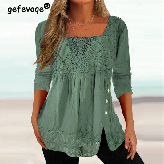 Women Lace Patchwork Vintage Elegant Blouses Summer Fashion Square Collar Solid 3/4 Sleeve Shirts Streetwear Loose Tunic Tops