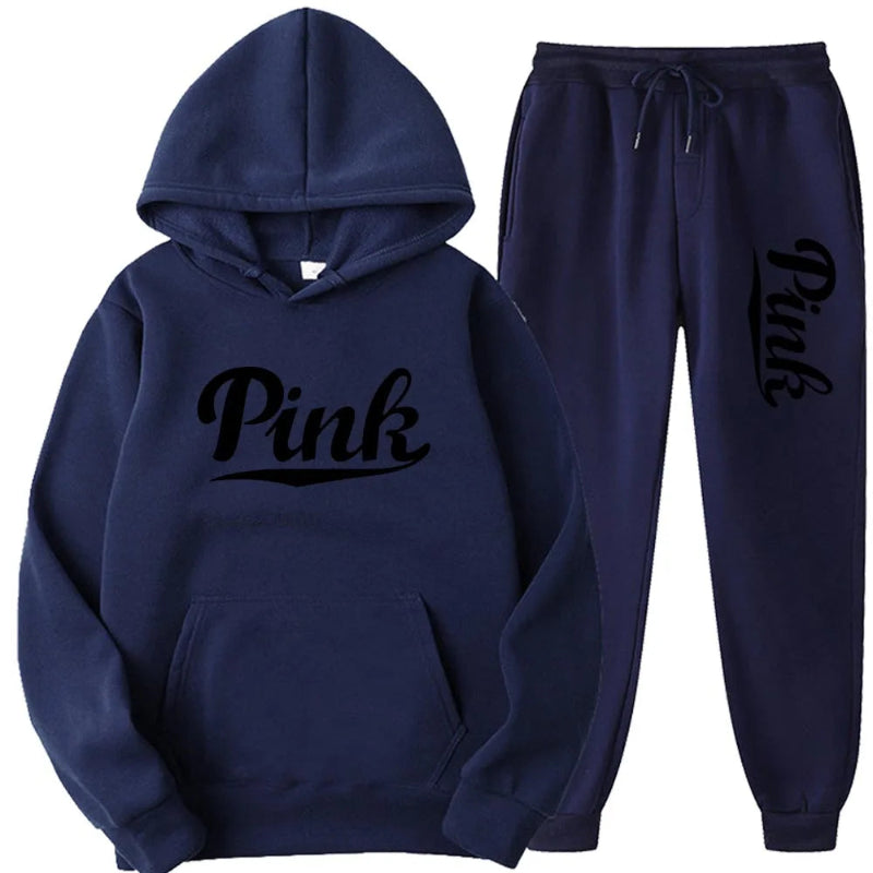 Navy blue hoodie and jogger pants set with 'Pink' text on a white background