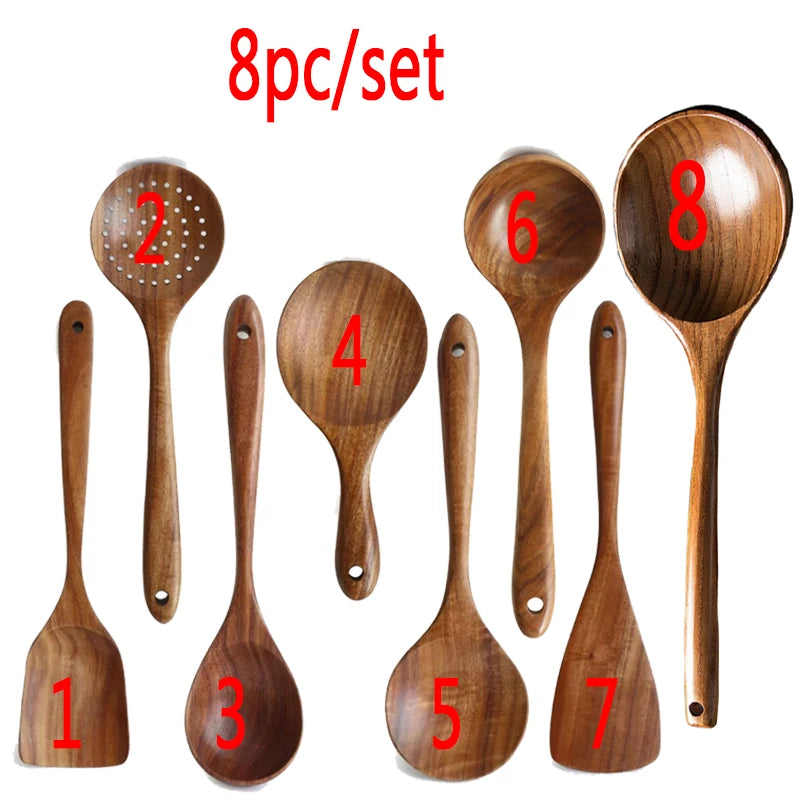 Thailand teak natural wood kitchen utensils set – spoon, ladle, turner, rice colander, soup skimmer, scoop cooking tools 8 pcs