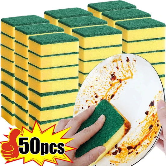 Packaging of 50 scrubber sponges with a hand cleaning a plate, showing use on food residue.