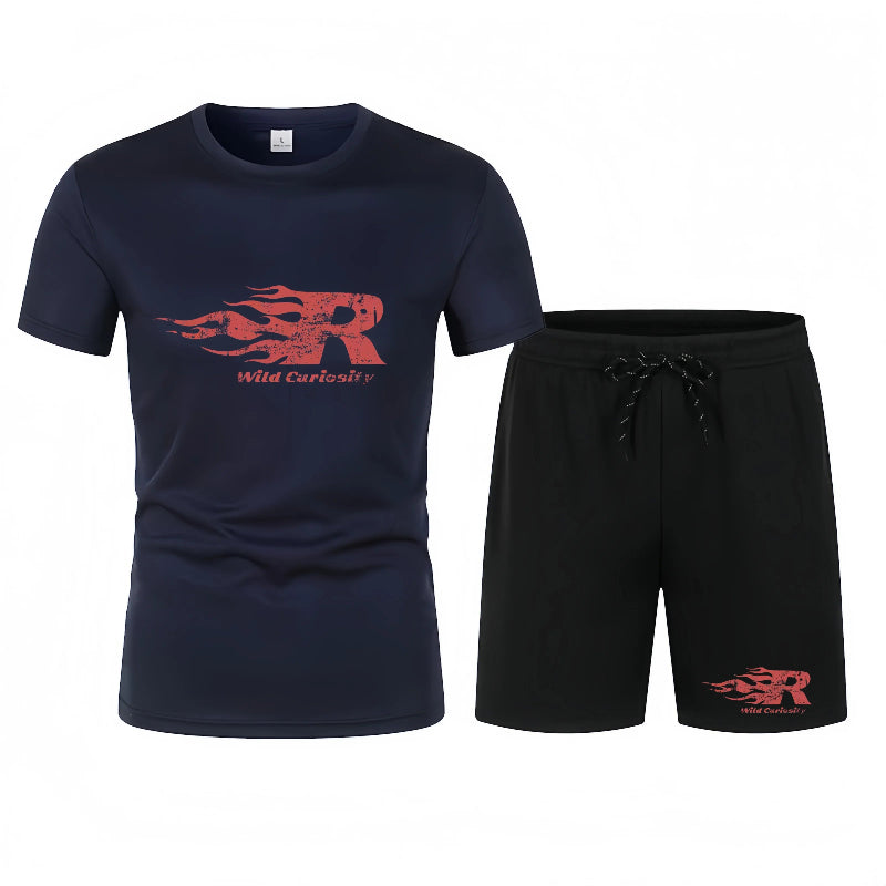 Navy t-shirt and black shorts set with red logo on a white background