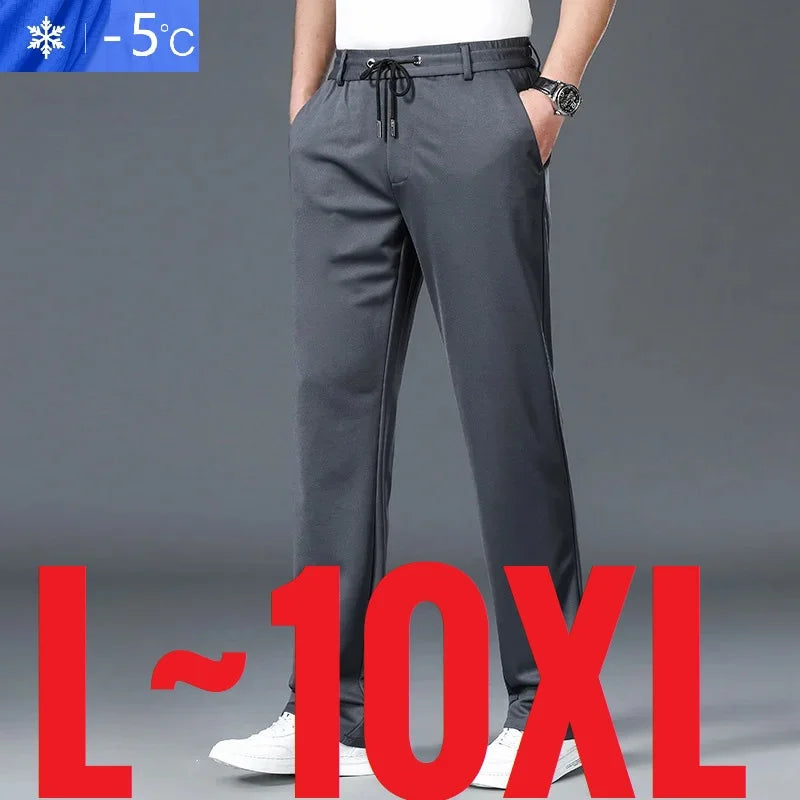 Person wearing gray pants with a cold temperature indicator and size label on a gray background