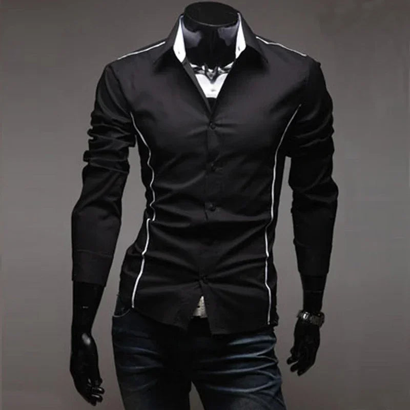 Men’s Slim White Striped Shirt – Long Sleeve Business Casual Top