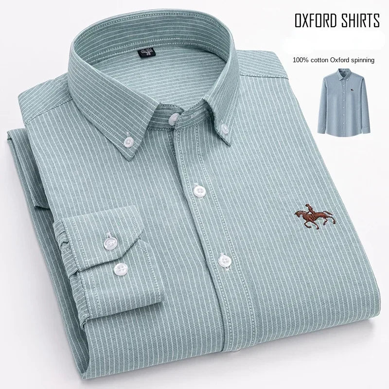 Men’s Oxford Cotton Shirt – Long Sleeve Embroidered Horse Design