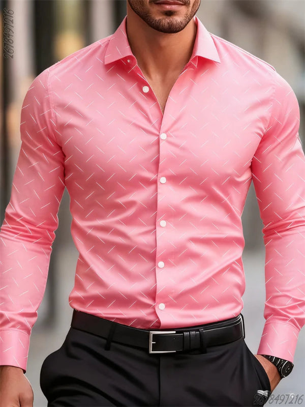 Man wearing a pink dress shirt with a subtle pattern against a blurred background