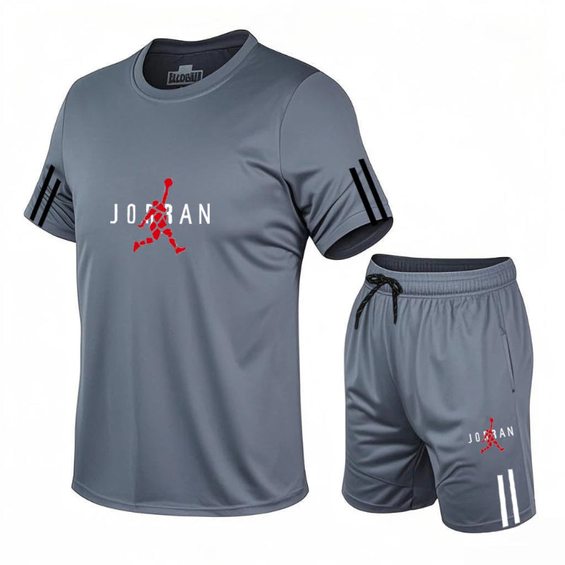 Gray t-shirt and shorts set with Jordan logo on a white background
