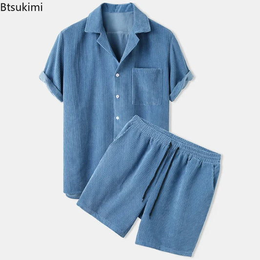 Blue textured pajama set with shirt and shorts on a white background, brand 'Btsukimi' visible.