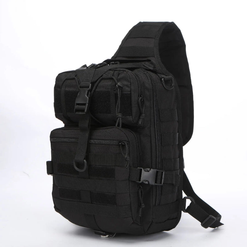 Black tactical backpack on a white background