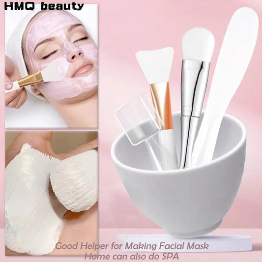 Facial mask-making tools with a bowl and brushes on a pink background, featuring HMQ beauty branding.