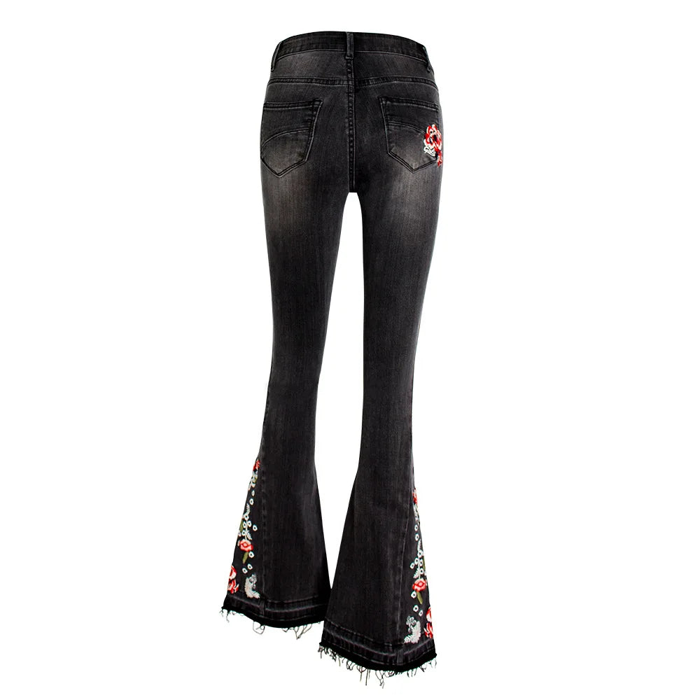 Jeans Flare Pants Women Embroidery Boot Cut Streetwear Mid Waist Floor Length Pockets Washed Distressed Vintage Denims Trousers