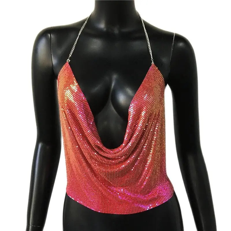 Women’s Metal Sequin V‑Neck Backless Crop Top – Party Tank