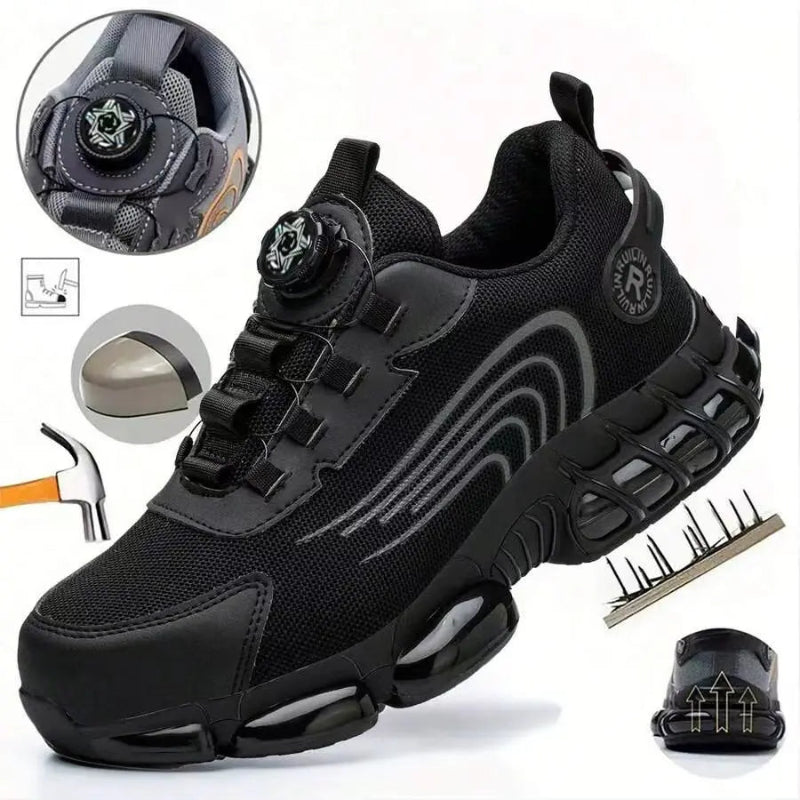 Black and gray sneaker with additional components on a white background