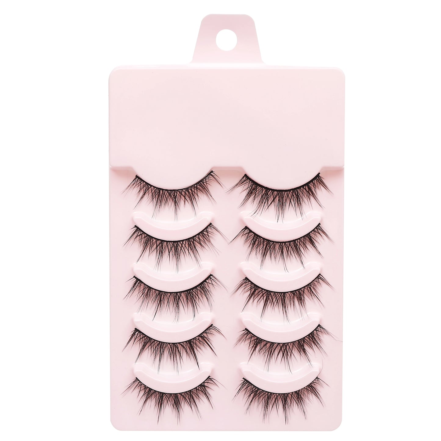 Set of false eyelashes on a pink card with a hook