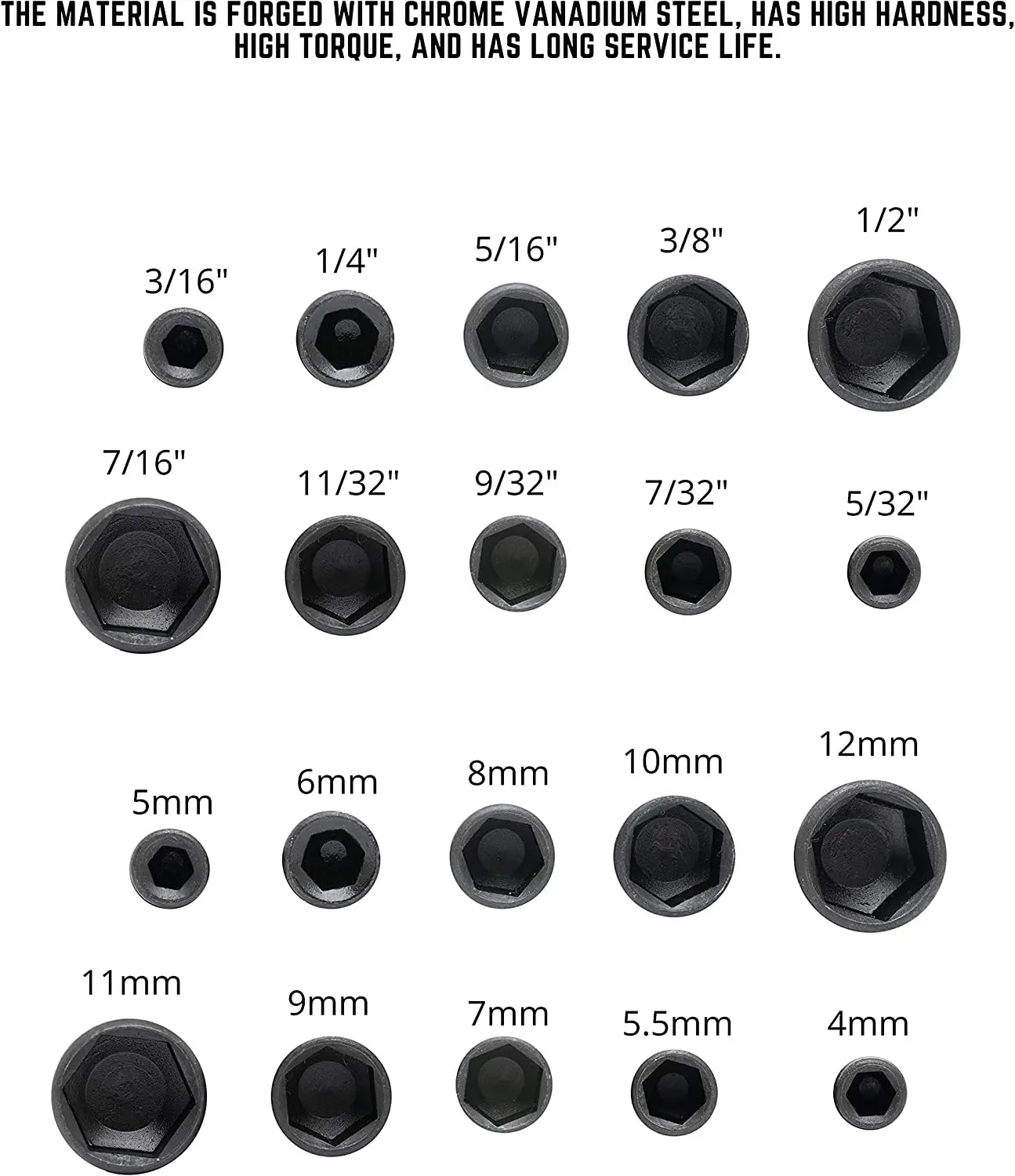 Set of black hex bolts with measurements on a white background