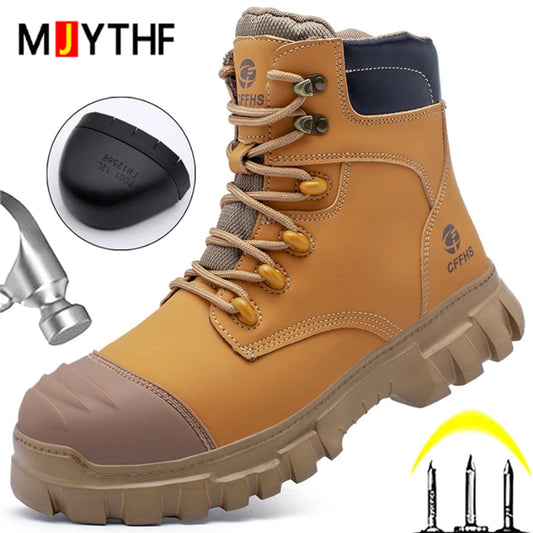 Tan work boot with visible brand logo on a white background
