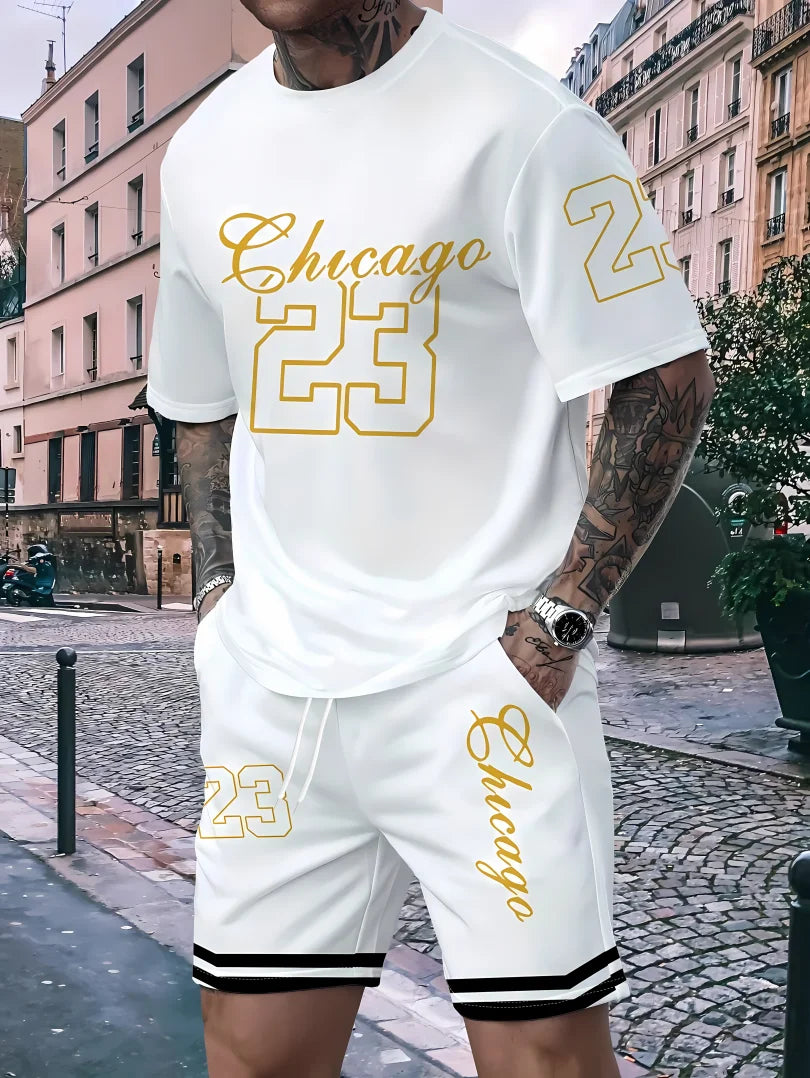 Person wearing a white outfit with 'Chicago 23' text in an urban setting
