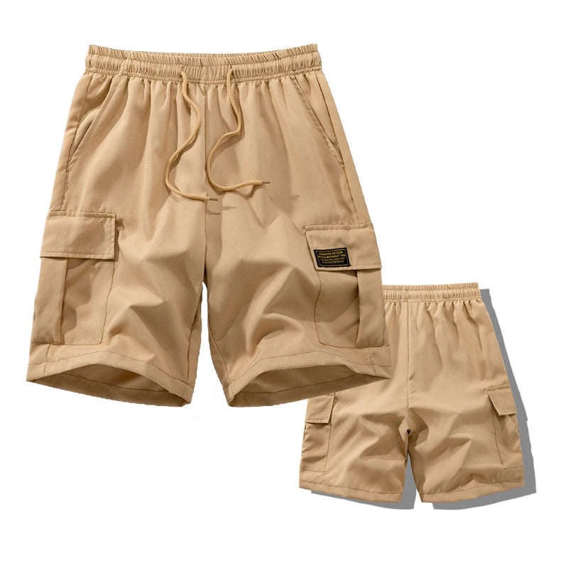 Beige cargo shorts on a white background