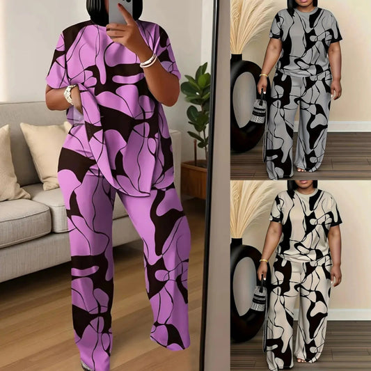 Three different outfits with abstract patterns in various colors.