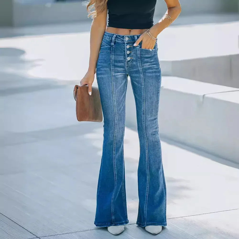 Jeans Flare Pants Women Streetwear Washed Button Fly Mid Waist Pockets Distressed Denims Female Trousers 2025 Vintage Boot Cut