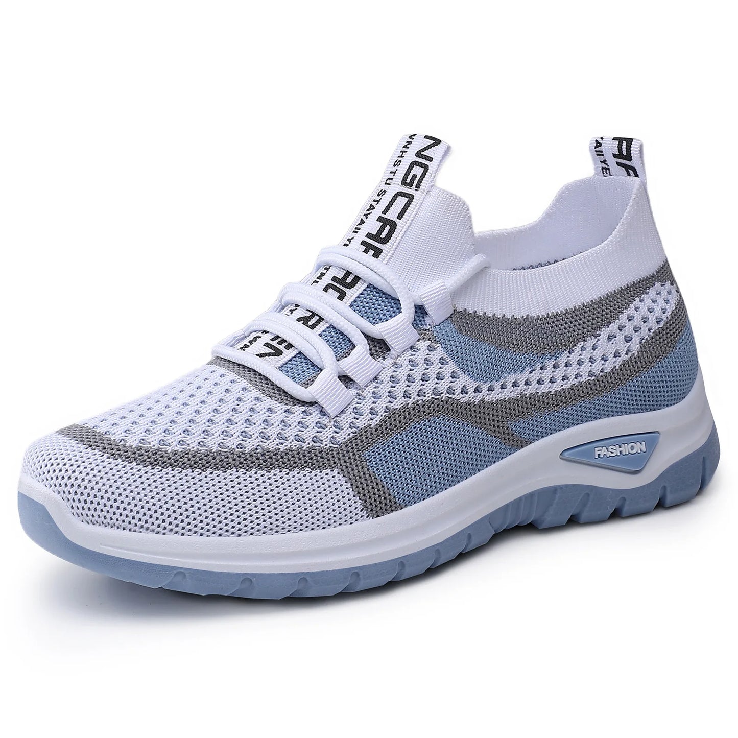 White and gray sneaker with brand logo on a white background